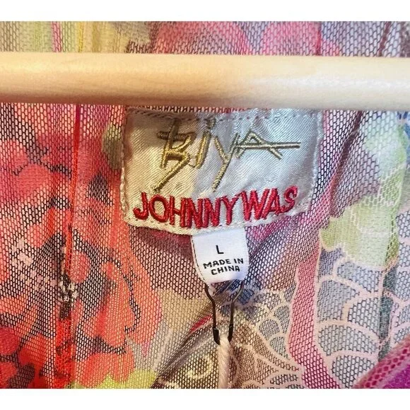 JOHNNY WAS Mazzy Floral Print Embroidered Mesh Large Split V-Neck Peasant Blouse - Picture 9 of 13